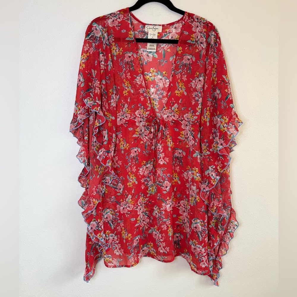 Jessica Simpson Red Floral Kimono Blouse Sheer Ruffle Tie Front Small